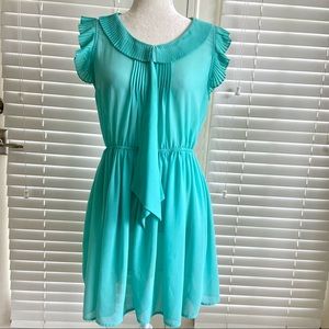 CIEL USA Large Teal Blue Dress Pleated W/ Tie Neck & Ruffle Flutter Sleeves